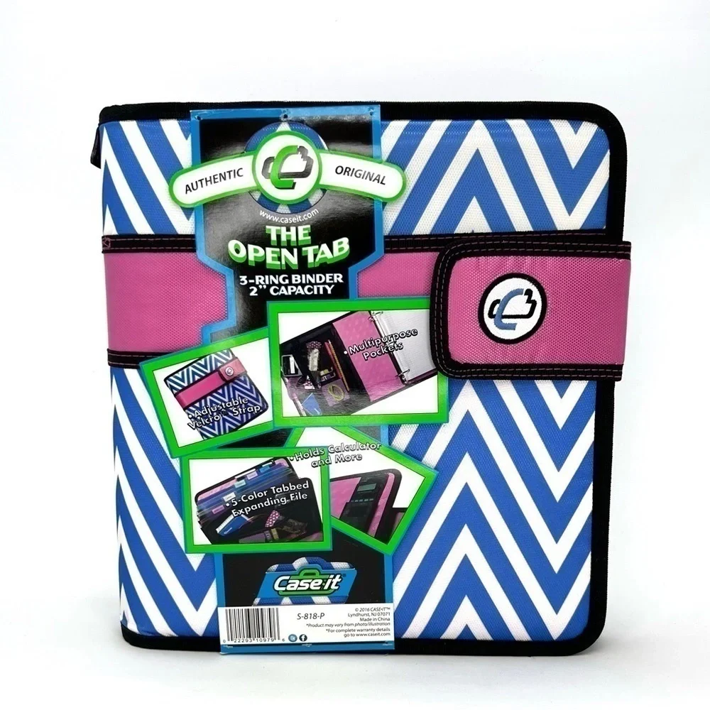 Case-It “The Open Tab” 2” Three Ring Binder Blue & White Chevron w/Pink New NWT
